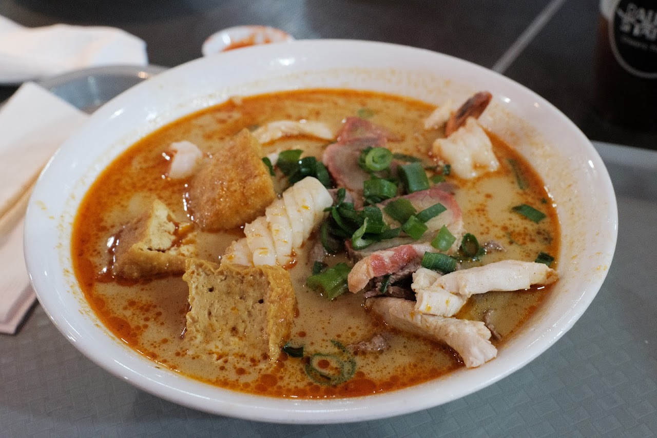 Laksa bowl with tofu, seafood, meat, and spring onion